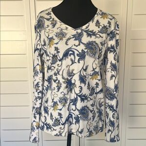 Chico's Long Sleeve V-Neck Top with Blue & Gold Scroll Print Sz 1